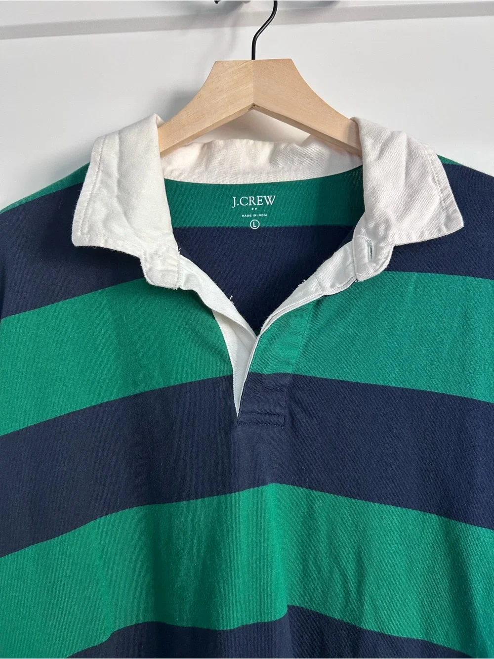 J.Crew Men’s Green & Navy Striped Rugby Shirt-Large